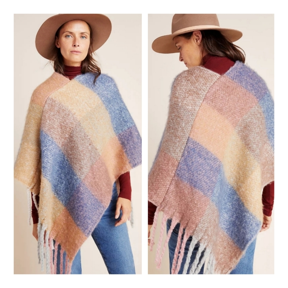 Anthropologie Colorblock Poncho with Oversized Fringe Tassels